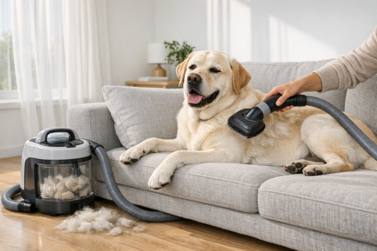 Labrador on a sofa being groomed with a vacuum pet groomer in a bright living room, fur being collected into a clear canister.