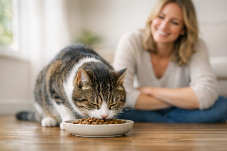 Happy cat eating new kibble from a bowl while owner watches smiling.
